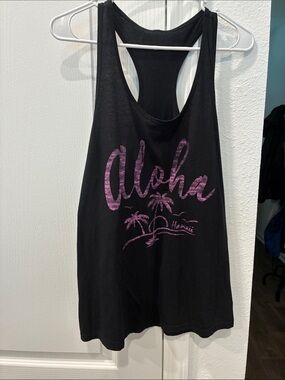 Black Racerback Tank Top with Purple Aloha Graphic
